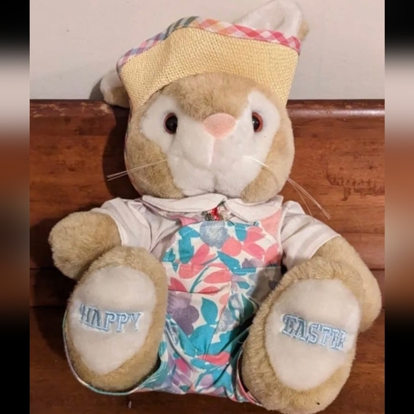 HAPPY EASTER Tan Bunny Rabbit Wearing Overalls & Straw Hat Plush Toy - Picture 6 of 7